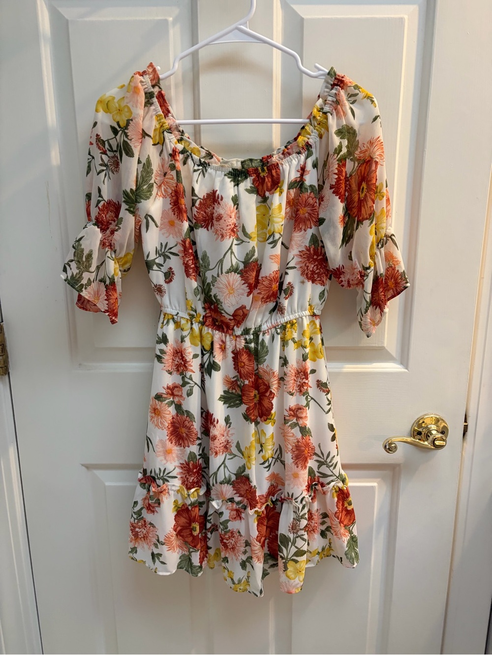Forever 21 White Floral Off-Shoulder Top with Red, Yellow & Green Accents
